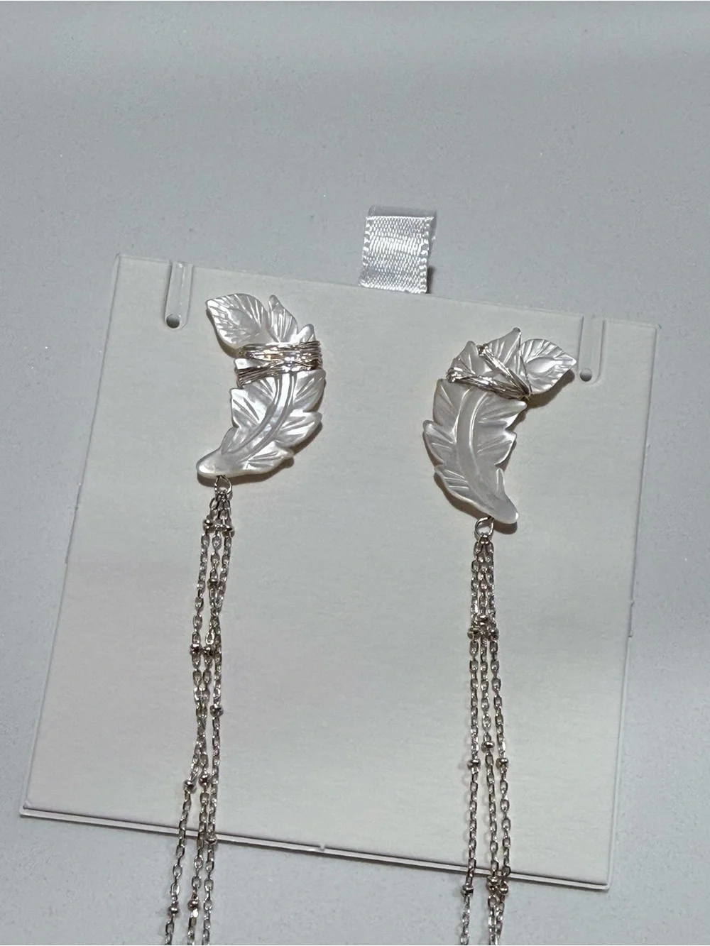 GAOHAN Silver Hand Carved Mother of Pearl Feather Long Fringe Drop Earrings